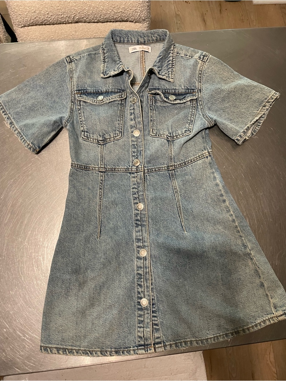 ZARA KIDS Girls Light Blue Denim short sleeve Button-Front Dress size 10